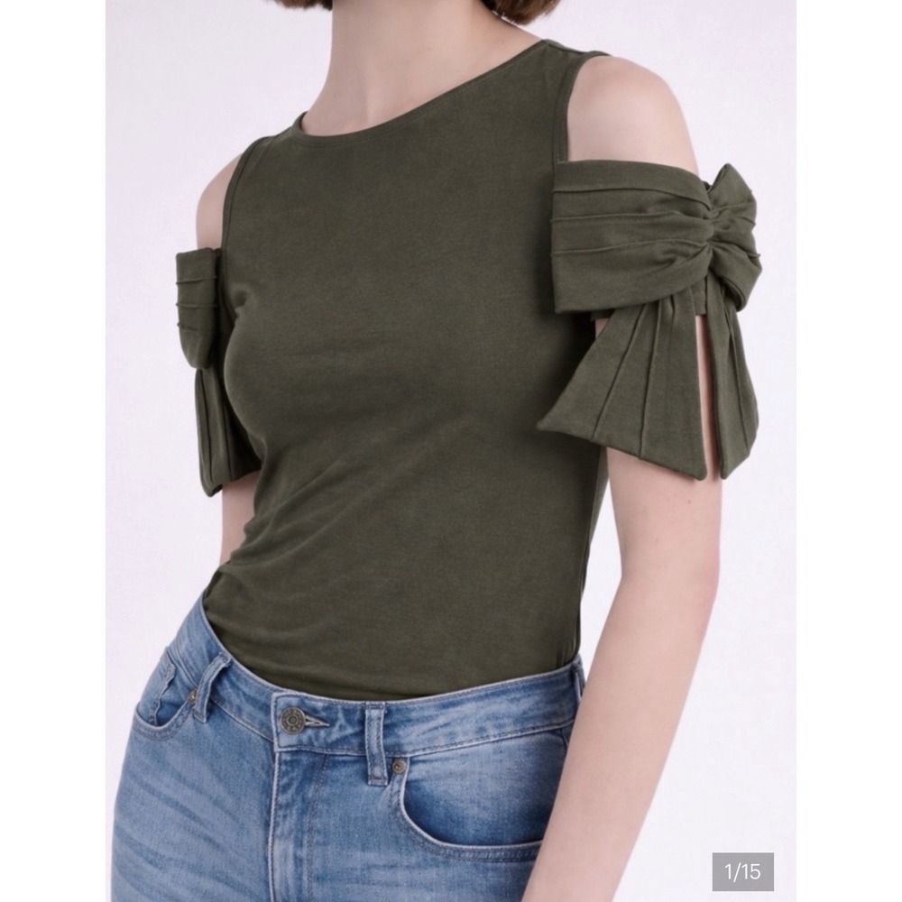 $265 ANNE FONTAINE Myrtille Olive Green Pleated Bow Top Size EU42; US10/M French